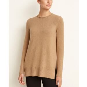Vince Crewneck Side-slit Cashmere Tunic Sweater Camel Brown